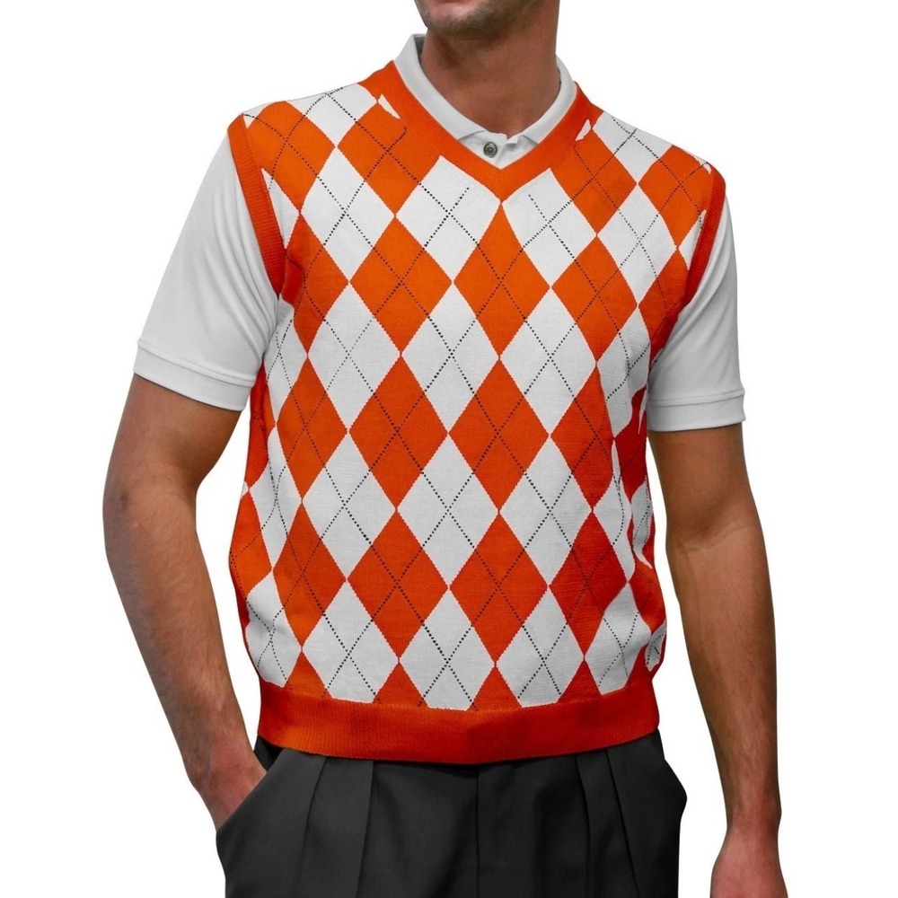 GolfKnickers Men's Argyle Orange White Wool‎ Blend Sweater Vest NWT - 3XL